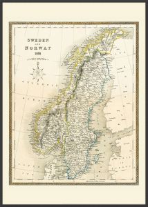 Large Vintage John Tallis Map of Sweden and Norway 1852 (Pinboard & wood frame - Black)