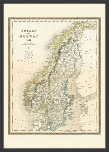 Small Vintage John Tallis Map of Sweden and Norway 1852 (Pinboard & wood frame - Black)