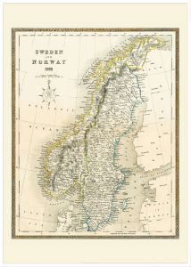 Large Vintage John Tallis Map of Sweden and Norway 1852 (Pinboard & wood frame - White)