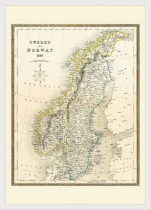 Small Vintage John Tallis Map of Sweden and Norway 1852 (Pinboard & wood frame - White)