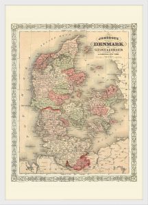 Small Vintage Johnsons Map of Denmark (Wood Frame - White)
