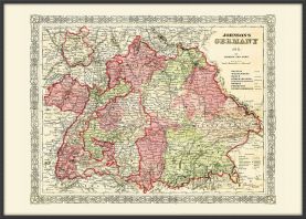 Large Vintage Johnsons Map of Germany No 3 (Canvas Floater Frame - Black)
