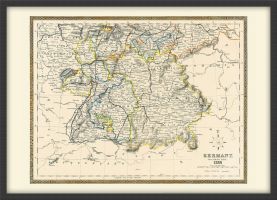 Medium Vintage Map of Southern Germany (Wood Frame - Black)