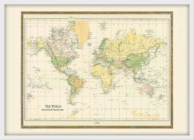 Small Vintage Mercators Projection World Map 1858 (Wood Frame - White)