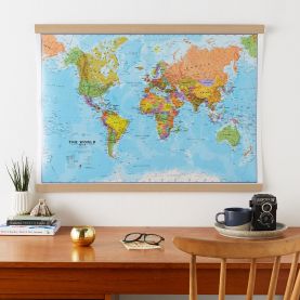 Medium World Wall Map Political (Rolled Canvas with Wooden Hanging Bars)