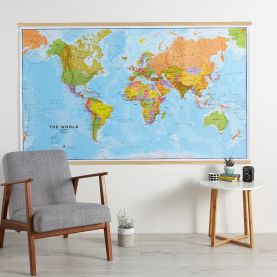Huge World Wall Map Political (Rolled Canvas with Wooden Hanging Bars)