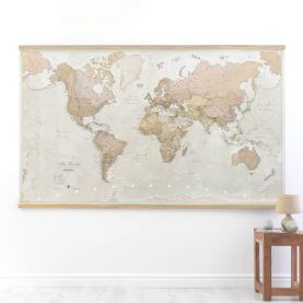 Huge Antique World Map (Wooden hanging bars)