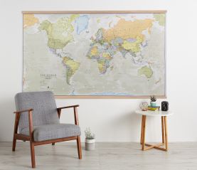 Huge Classic World Map (Wooden hanging bars)