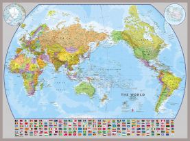 Large World Pacific-centred Wall Map with flags (Magnetic board mounted and framed - Brushed Aluminium Colour)