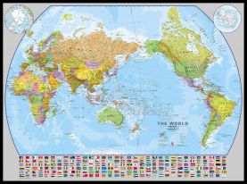 Large World Pacific-centred Wall Map with flags (Canvas Floater Frame - Black)