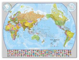 Large World Pacific-centred Wall Map with flags (Canvas)