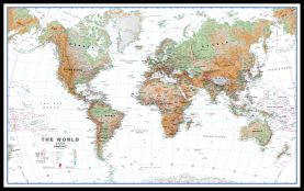 Huge World Wall Map Physical White Ocean (Pinboard & framed - Black)