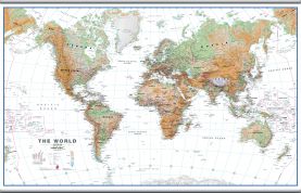 Large World Wall Map Physical White Ocean (Hanging bars)
