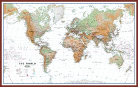 Large World Wall Map Physical White Ocean (Pinboard & framed - Dark Oak)