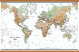 Large World Wall Map Physical White Ocean (Wooden hanging bars)