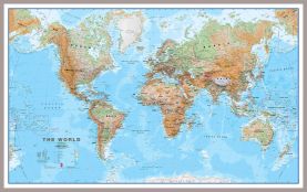 Huge World Wall Map Physical (Pinboard & framed - Silver)