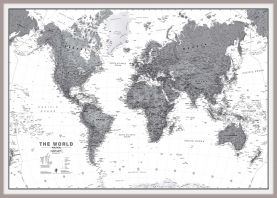 Large World Wall Map Political Black & White (Magnetic board mounted and framed - Brushed Aluminium Colour)