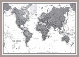 Medium World Wall Map Political Black & White (Magnetic board mounted and framed - Brushed Aluminium Colour)