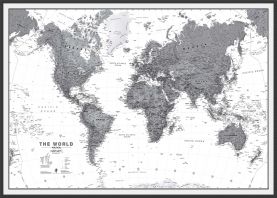 Large World Wall Map Political Black & White (Pinboard & wood frame - Black)