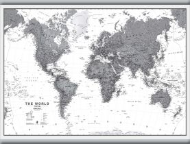 Medium World Wall Map Political Black & White (Rolled Canvas with Hanging Bars)