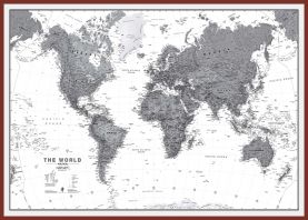 Large World Wall Map Political Black & White (Pinboard & framed - Dark Oak)