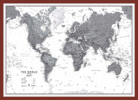 Medium World Wall Map Political Black & White (Pinboard & framed - Dark Oak)