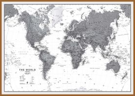 Large World Wall Map Political Black & White (Pinboard & wood frame - Teak)