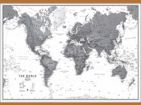 Huge World Wall Map Political Black & White (Wooden hanging bars)