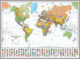 Huge World Wall Map Political with flags White Ocean (Magnetic board mounted and framed - Brushed Aluminium Colour)