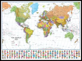 Large World Wall Map Political with flags White Ocean (Canvas Floater Frame - Black)