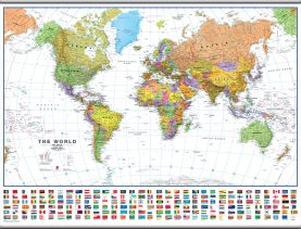 Large World Wall Map Political with flags White Ocean (Hanging bars)