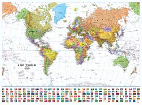 Large World Wall Map Political with flags White Ocean (Raster digital)