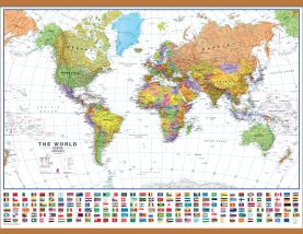 Large World Wall Map Political with flags White Ocean (Wooden hanging bars)
