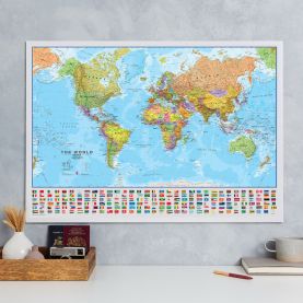 Medium World Wall Map Political with flags (Paper with front sheet lamination)