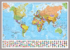 Medium World Wall Map Political with flags (Magnetic board mounted and framed - Brushed Aluminium Colour)
