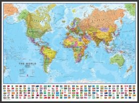 Large World Wall Map Political with flags (Pinboard & wood frame - Black)