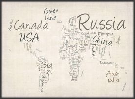 Large Writing Text Map of the World (Canvas Floater Frame - Black)