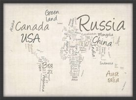 Small Writing Text Map of the World (Wood Frame - Black)