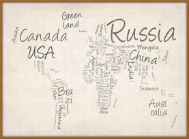 Large Writing Text Map of the World (Pinboard & wood frame - Teak)