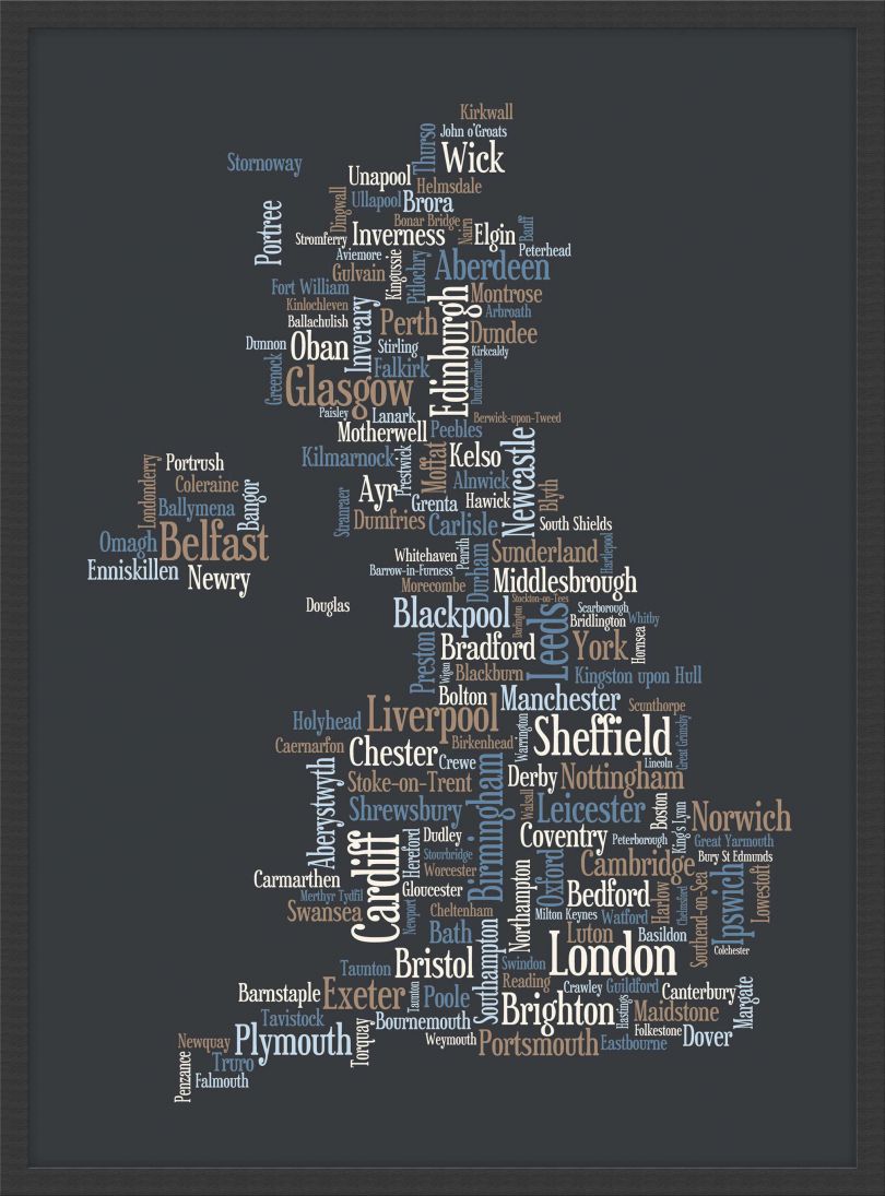 Small Great Britain UK City Text Art Map - Black (Pinboard & wood frame - Black)