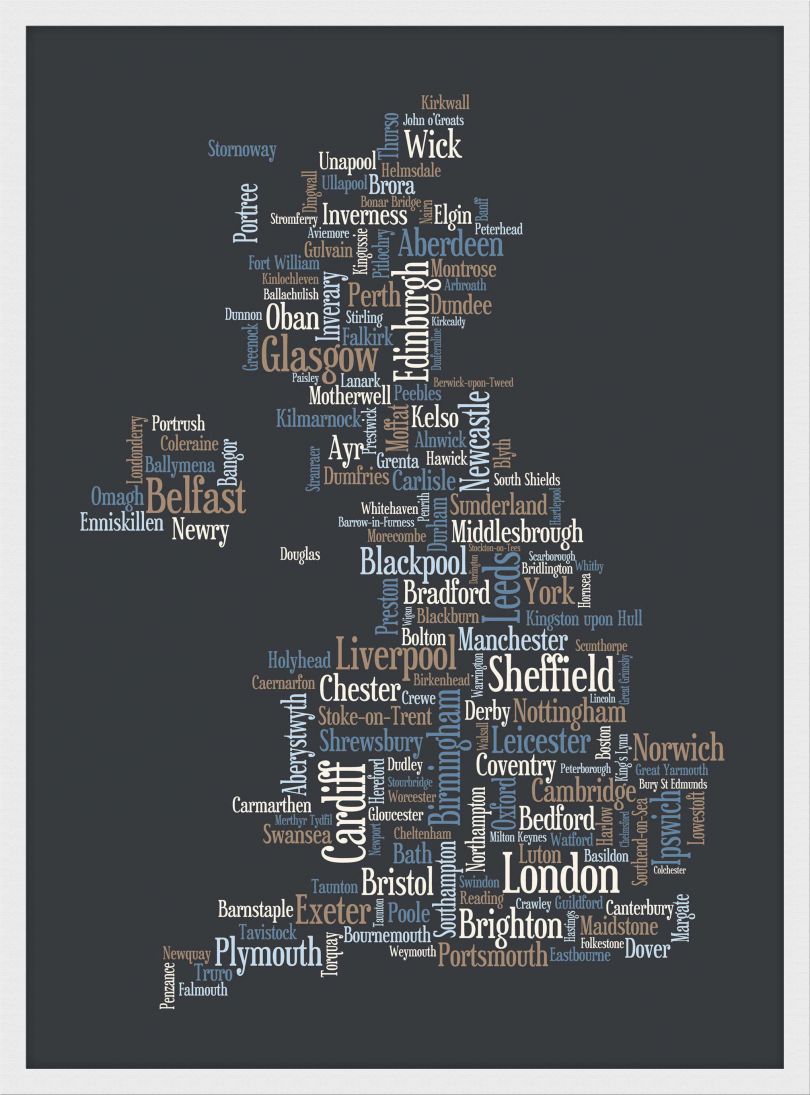 Medium Great Britain UK City Text Art Map - Black (Pinboard & wood frame - White)