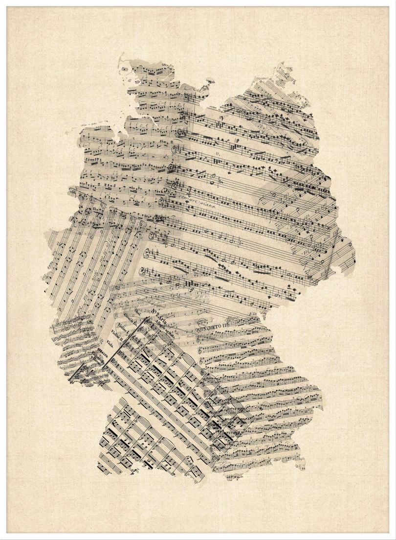 Large Old Sheet Music Art Map of Germany (Wood Frame - White)