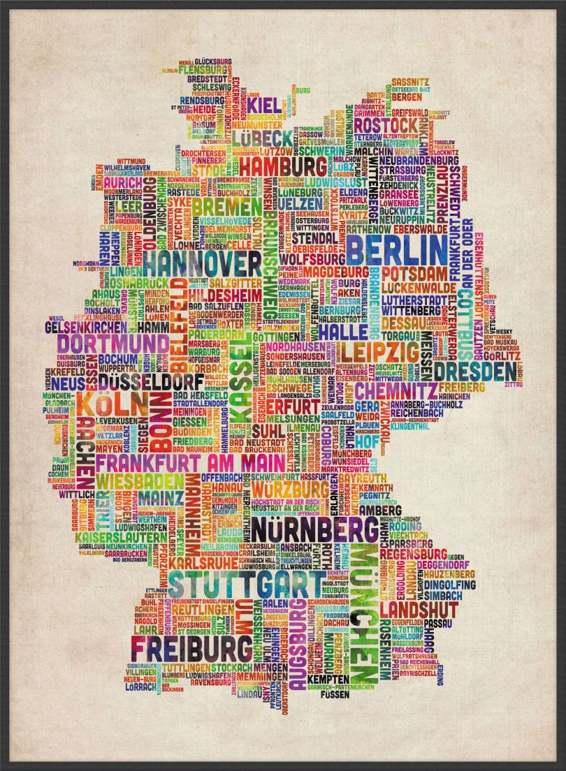 Large Text Art Map of Germany (Pinboard & wood frame - Black)