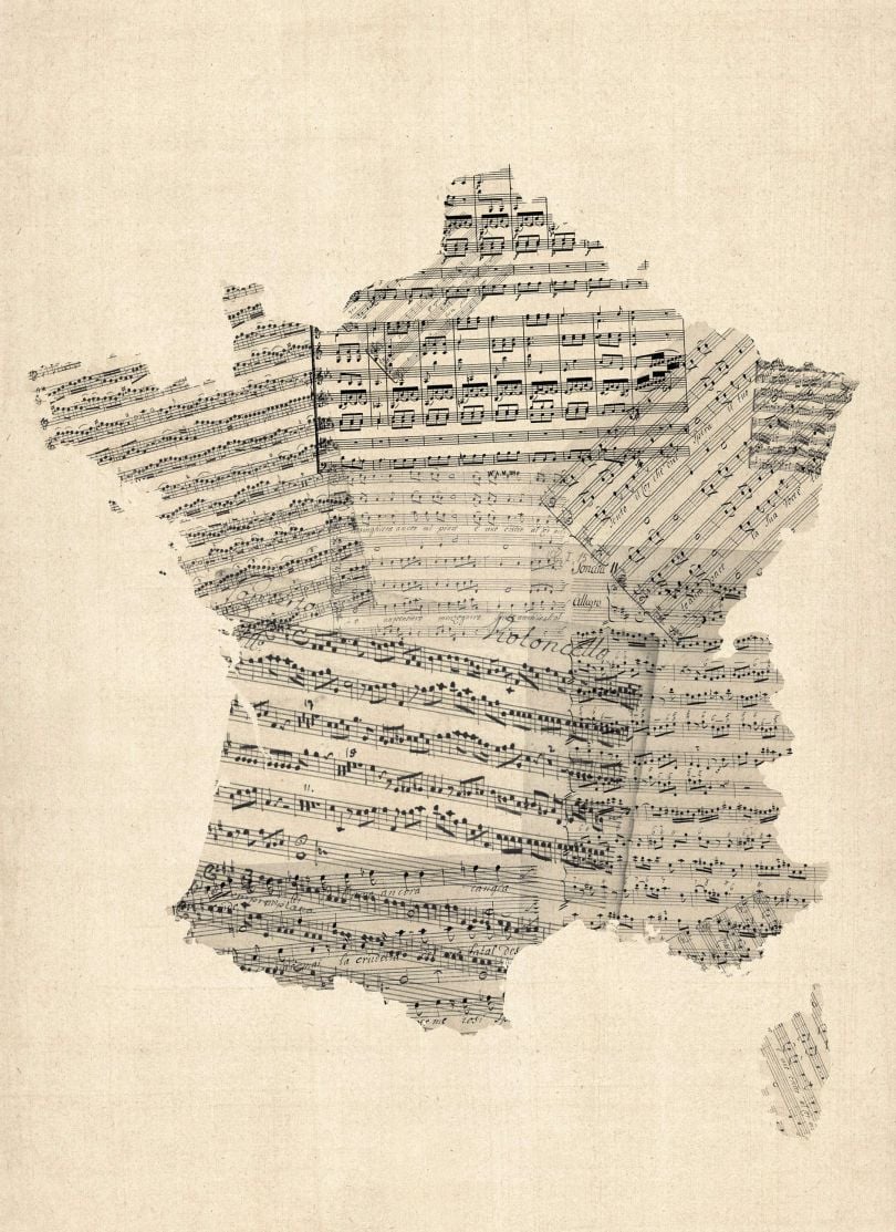 Medium Old Sheet Music Map of France (Rolled Canvas - No Frame)