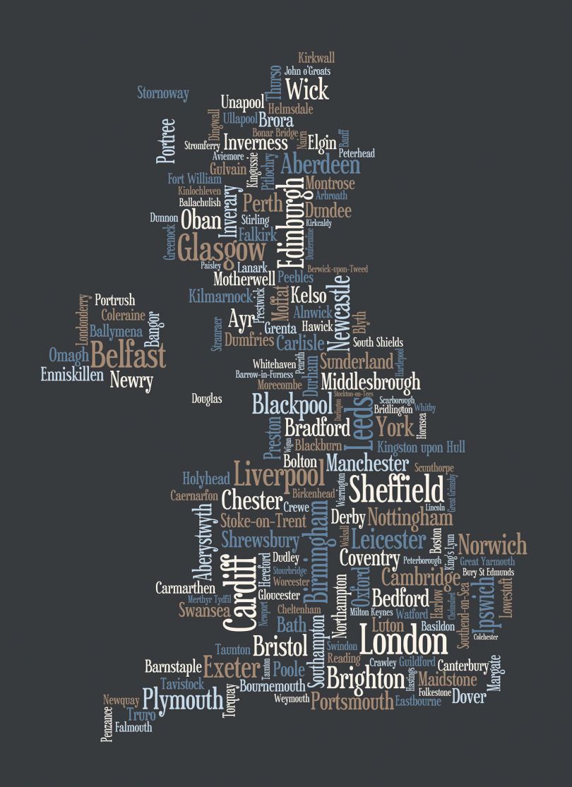 Small Great Britain UK City Text Art Map - Black (Rolled Canvas - No Frame)