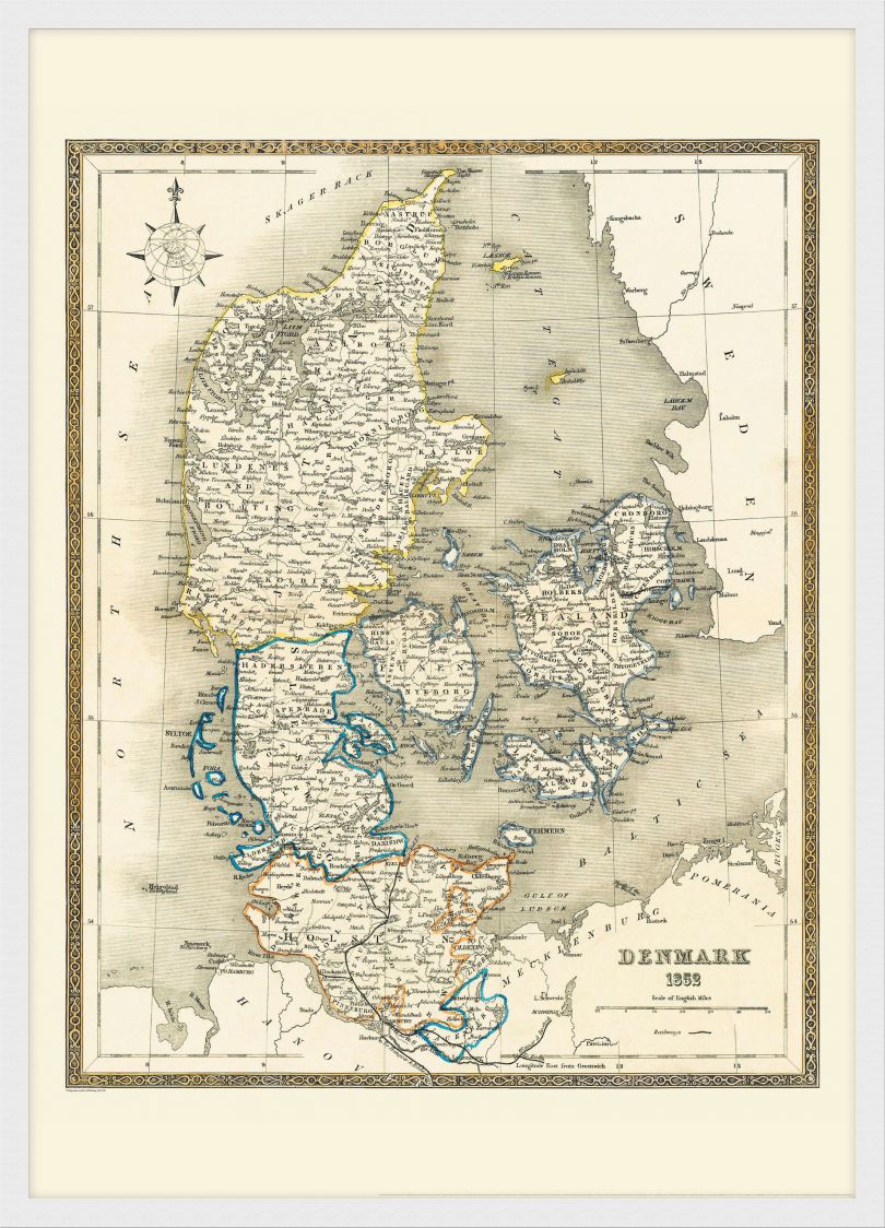 Medium Vintage Map of Denmark (Pinboard & wood frame - White)