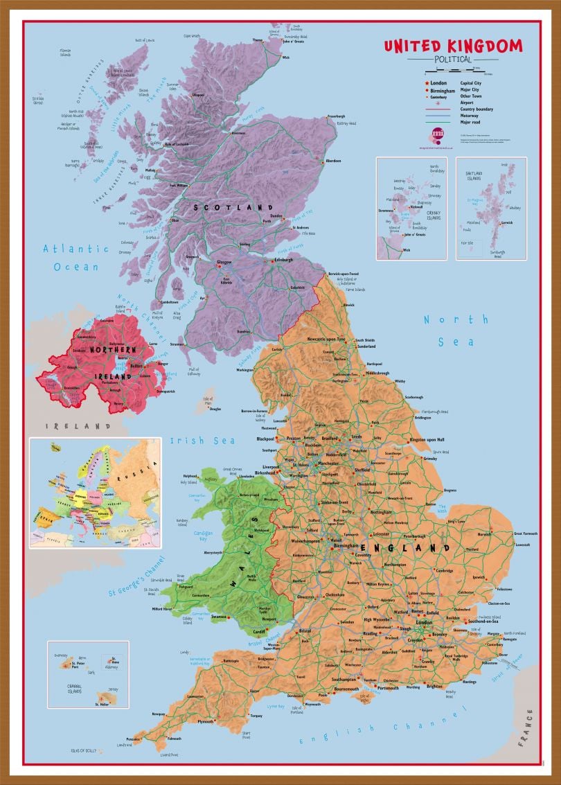 Large Primary UK Wall Map Political (Pinboard & wood frame - Teak)