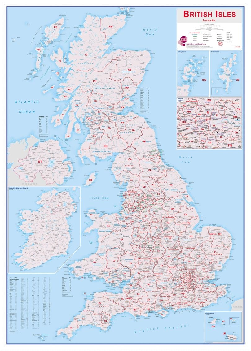 Large British Isles Postcode Map (Wood Frame - White)