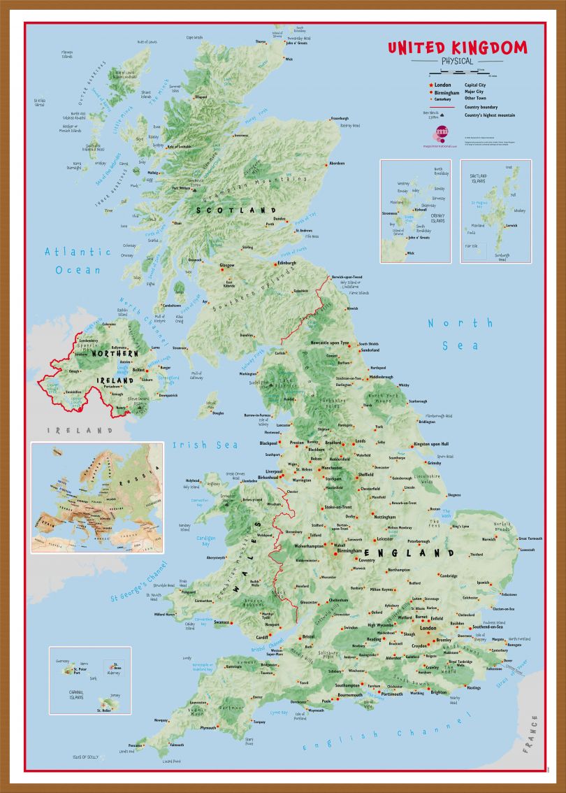 Large Primary UK Wall Map Physical (Wood Frame - Teak)