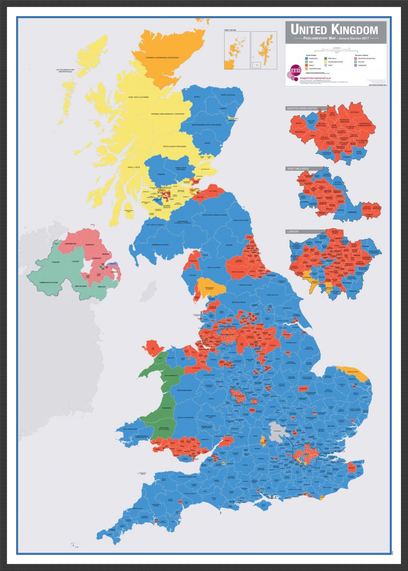 Large UK Parliamentary Constituency Boundary Wall Map (December 2019 results) (Wood Frame - Black)